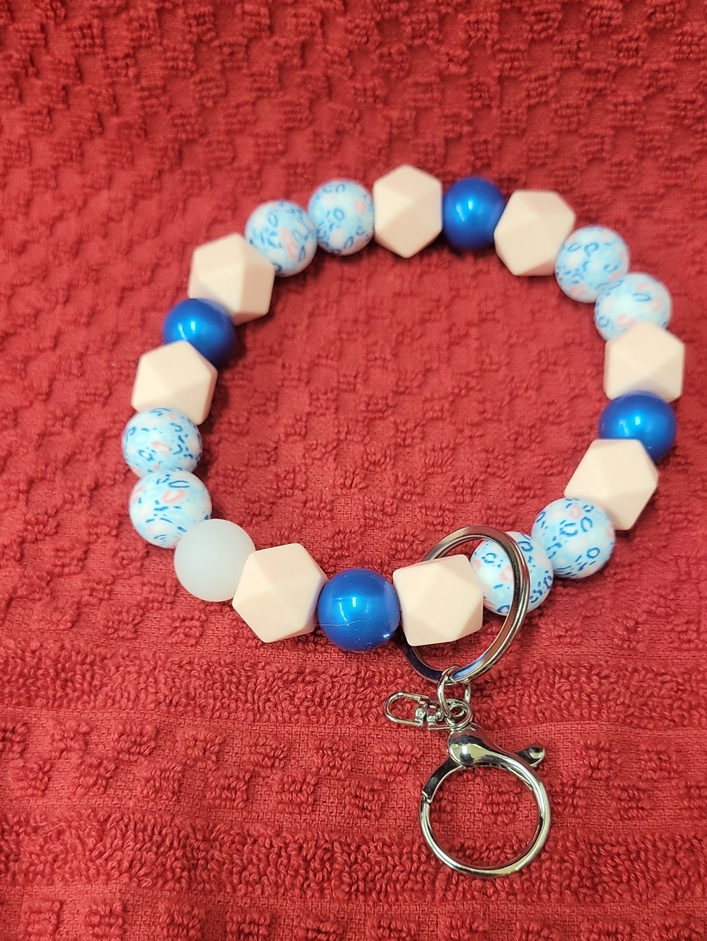 Beaded Blue and Cream Bracelet Keychain - Women Jewelry